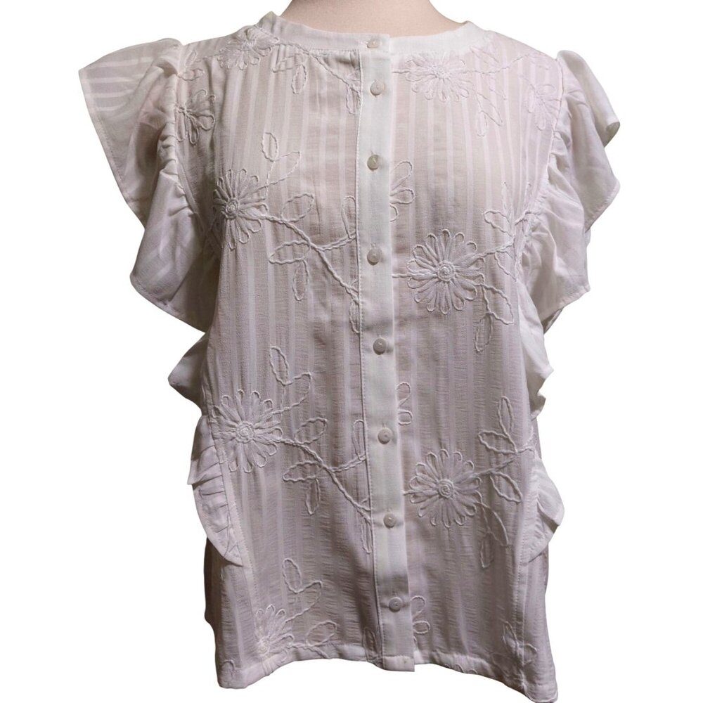 NWT Voy White Floral Embroidered Sleeveless Ruffle Button-Up Blouse Size Large - Picture 9 of 9